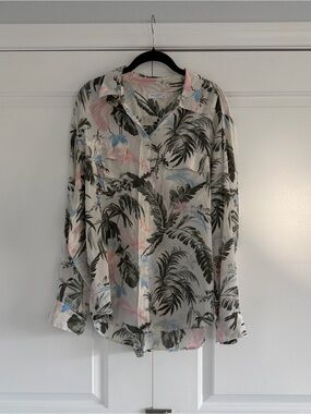 Equipment SILK Tropical Palm-Print Button-Down Shirt - Cream Pink & Blue -Size L
